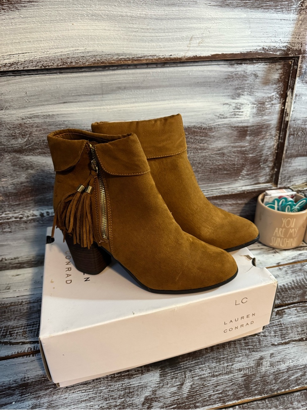 LC Lauren Conrad Brown Suede Tassel Ankle Booties with Block Heel